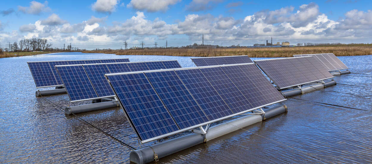 Close up of Group of photovoltaic panels floating on open water bodies can represent a serious alternative to ground mounted solar systems
